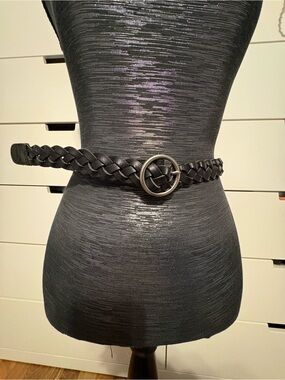 Hollister Black Braided Leather Belt with Round Metal Buckle